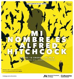 Cartel de 'Mi nombre es Alfred Hitchcock', que se podrá ver en el centro cultural MVA de la Diputación en la capital malagueña el 18 de enero a las 20.30 horas con acceso libre. Al día siguiente, a la misma hora, se pone en escena la obra teatral 'Búho'.