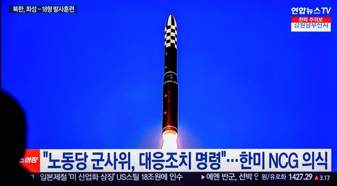 December 19, 2023, Seoul, South Korea: A TV at Yongsan Railway Station shows North Korea's fired Hwasong-18 solid-fuel intercontinental ballistic missile (ICBM). North Korea confirmed it test-fired a Hwasong-18 solid-fuel intercontinental ballistic missil