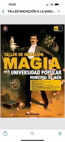 Cartel del taller de iniciación a la magia de la Universidad Popular Municipal de Jaén.