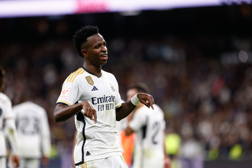 Vinicius Junior of Real Madrid celebrates a goal during the spanish league, La Liga EA Sports, football match played between Real Madrid and Valencia CF at Santiago Bernabeu stadium on November 11, 2023, in Madrid, Spain.