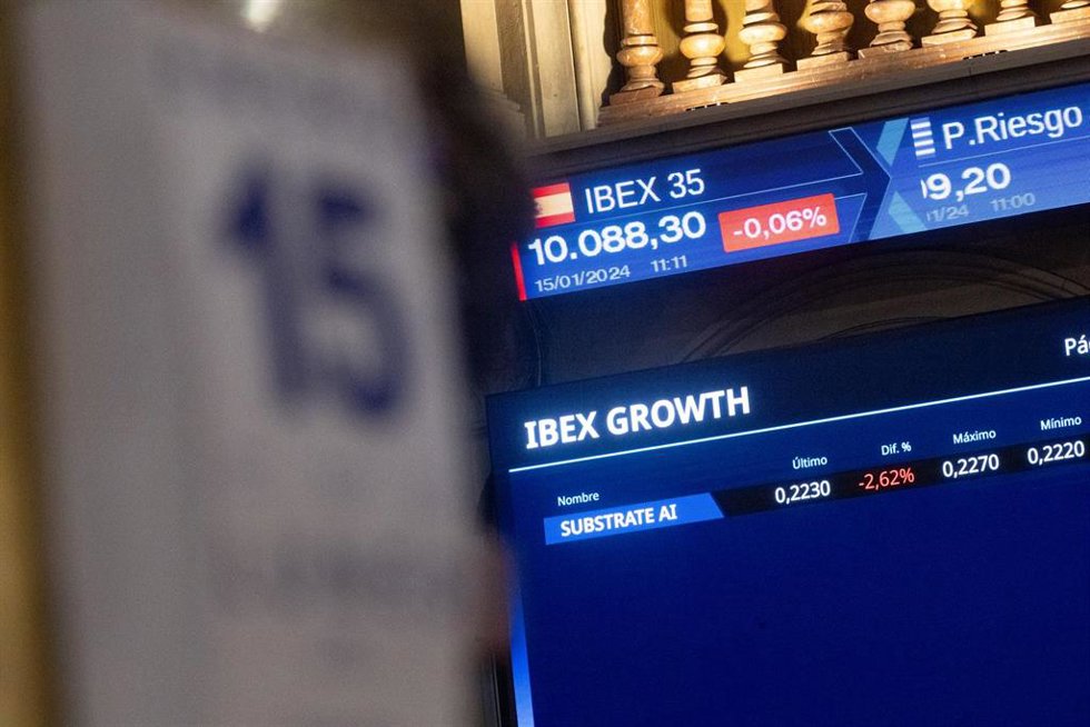 Un panel del Ibex 35, en el Palacio de la Bolsa de Madrid, a 15 de enero de 2024, en Madrid (España).