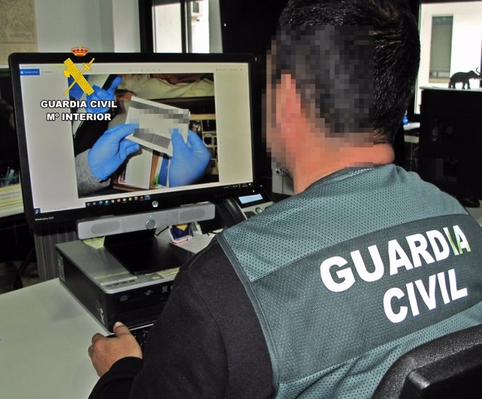 Un agente de la Guardia Civi inspecciona un ordenador.