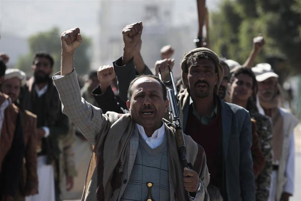 Concentración hutí en Saná, capital de Yemen, en favor del pueblo palestino.