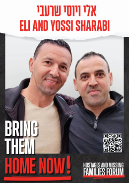 December 19, 2023, Jerusalem, Israel: Poster shows hostage ELI and YOSSI SHARABI held by Hamas since Oct 7. Online Forum 'BRING THEM HOME NOW' is demanding the safe return of all citizens who have been taken hostage by Hamas. The Forum is volunteer base
