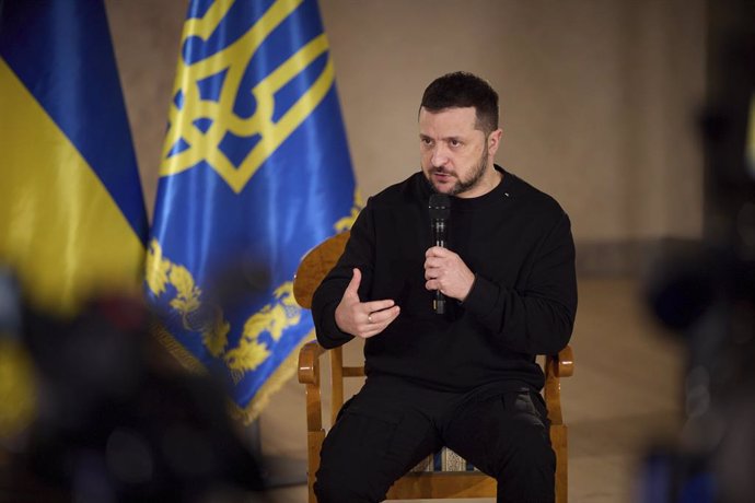 January 11, 2024, Riga, Latvia: Ukrainian President Volodymyr Zelenskyy responds to a question during a press conference at the Latvian National History Museum, January 11, 2024 in Riga, Latvia.