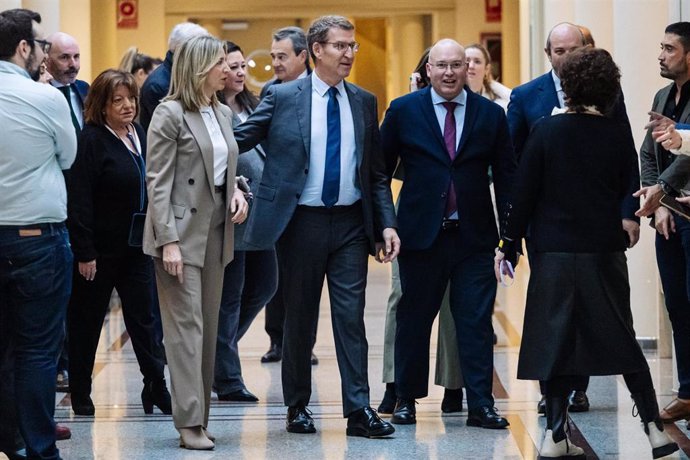 El presidente del Partido Popular, Alberto Núñez Feijóo (c), junto al portavoz del PP en el Congreso, Miguel Tellado (d) y la portavoz del PP en el Senado, Alicia García (i), durante la reunión de los grupos parlamentarios del PP del Congreso y del Sena