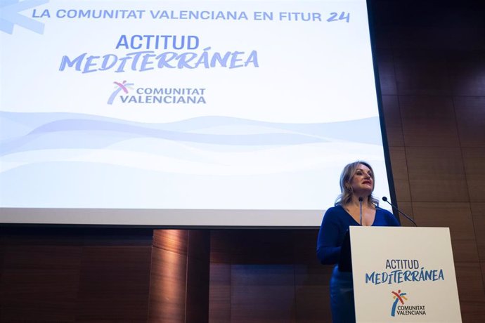 La consellera de Innovación, Industria, Comercio y Turismo de la Comunidad Valenciana, Nuria Montes, interviene durante la presentación del estand de la Comunidad Valenciana en la Feria de Turismo, FITUR 2024