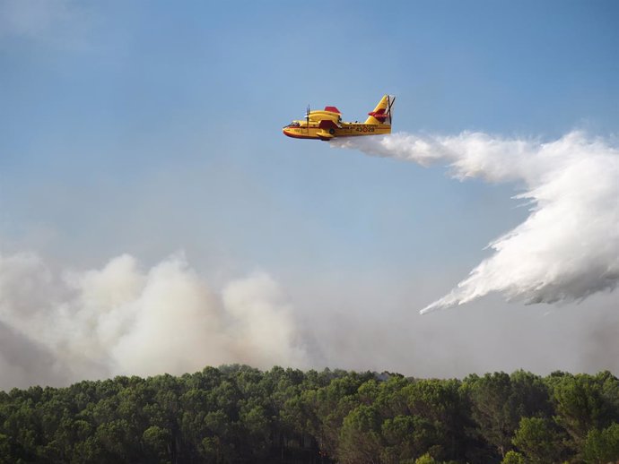 Archivo - Un avión del Ejercito del Aire trabaja en la extinción del incendio, a 24 de agosto de 2023, en Artajona, Navarra (España). Bomberos de los parques de Tafalla, Cordovilla, Peralta y Estella, dos helicópteros y dos aviones de carga en tierra inte