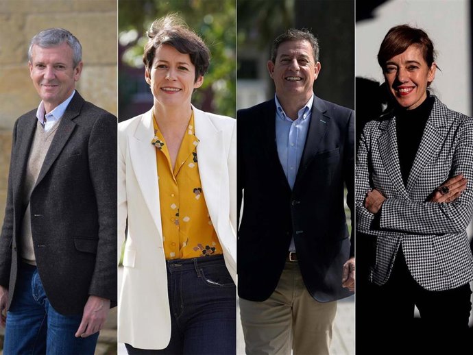Los candidatos del PP, Alfonso Rueda; BNG, Ana Pontón; PSdeG, José Ramón Gómez Besteiro; y Sumar Galicia, Marta Lois. Elecciones gallegas del 18 de febrero de 2024.