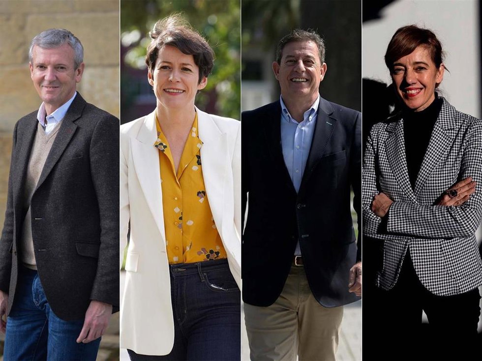 Los candidatos del PP, Alfonso Rueda; BNG, Ana Pontón; PSdeG, José Ramón Gómez Besteiro; y Sumar Galicia, Marta Lois. Elecciones gallegas del 18 de febrero de 2024.