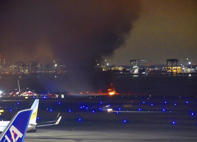 TOKYO, Jan. 2, 2024  -- This photo taken on Jan. 2, 2024 shows a Japan Airlines airplane caught in fire at Haneda Airport in Tokyo, Japan.   One person aboard the Japan Coast Guard aircraft colliding with a Japan Airlines airplane at Tokyo's Haneda Airpor