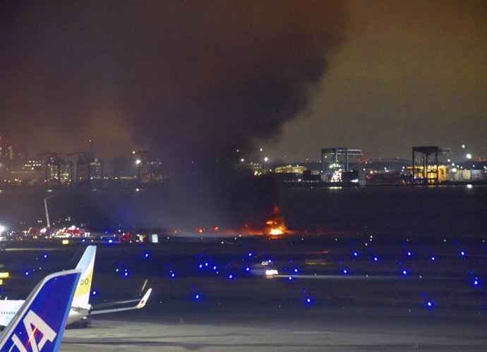 TOKYO, Jan. 2, 2024  -- This photo taken on Jan. 2, 2024 shows a Japan Airlines airplane caught in fire at Haneda Airport in Tokyo, Japan.   One person aboard the Japan Coast Guard aircraft colliding with a Japan Airlines airplane at Tokyo's Haneda Airp