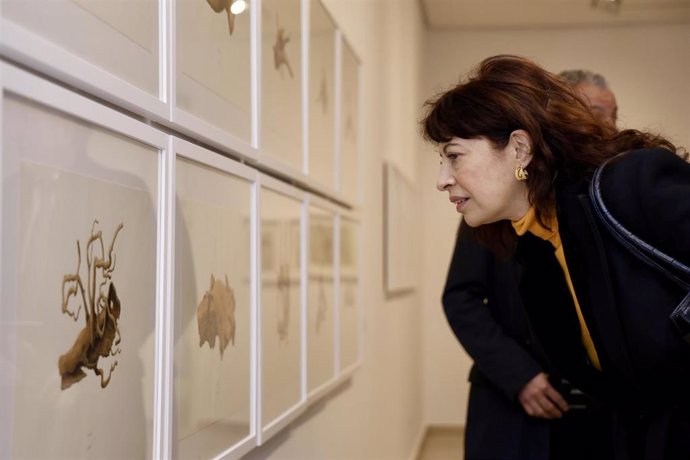 La ministra de Igualdad, Ana Redondo, observa una de las obras de la exposición ‘Árbol’ del artista Enrique Reche, en el Museo de Arte Contemporáneo Patio Herreriano, a 28 de diciembre de 2023, en Valladolid, Castilla y León (España). 