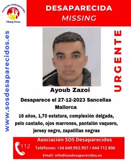 Imagen del adolescente desaparecido en Sencelles desde el 27 de diciembre.