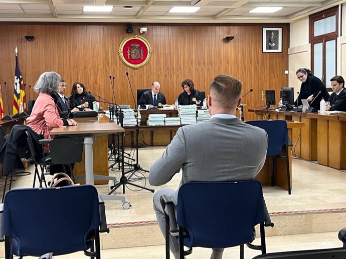 El modelo británico Calum Best, de espaldas, en el juicio celebrado por la Audiencia Provincial de Baleares.
