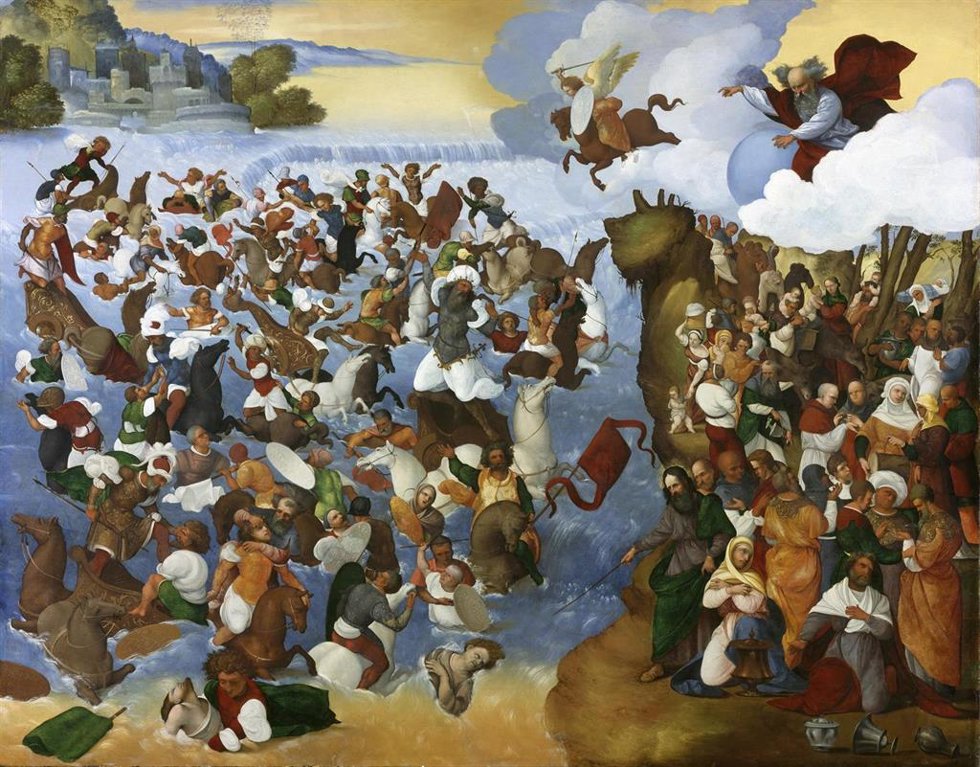 La travesía del Mar Rojo (1521) de Ludovico Mazzolino. Una multitud de personas cruza el mar por un camino seco creado por Moisés, de pie sobre ellos, viendo cómo los condenados son barridos. Una escena bíblica del Antiguo Testamento.