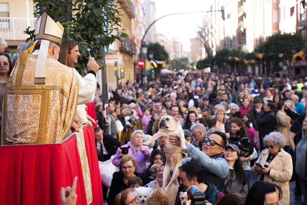 La alcaldesa de Valncia, María José Catalá, junto al arzobispo de Valencia, Enrique Benavent, durante la bendición de animales celebrada en la capital valenciana con motivo de la Festividad de San Antonio Abad. 