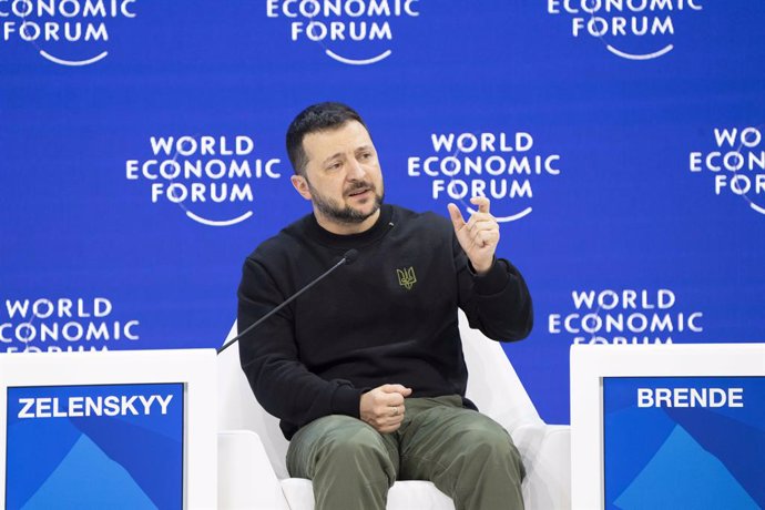 HANDOUT - 16 January 2024, Switzerland, Davos: Ukrainian President Volodymyr Zelensky, on stage during the Welcoming Remarks session at the World Economic Forum Annual Meeting 2024 in Davos. Photo: Valeriano Di Domenico/World Economic Forum/dpa - ATTENTIO