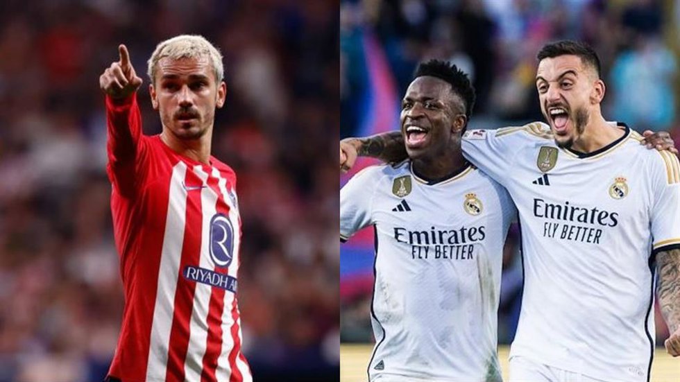 El jugador del Atlético de Madrid Anotine Griezmann y los jugadores del Real Madrid Vinícius Júnior y Joselu Mato.