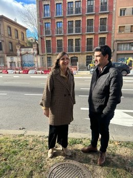 La portavoz del grupo municipal del PSOE en el Ayuntamiento de Zaragoza, Lola Ranera, acompañada por el concejal Horacio Royo, frente a Averly