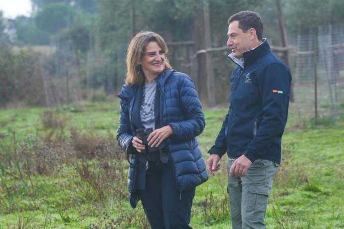 Archivo - El presidente de la Junta de Andalucía, Juanma Moreno, conversa con la ministra de Transición Ecológica y Reto Demográfico, Teresa Ribera,