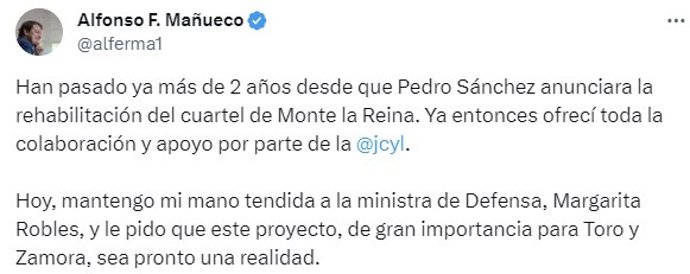 Captura del mensaje de Fernández Mañueco en la red social X.