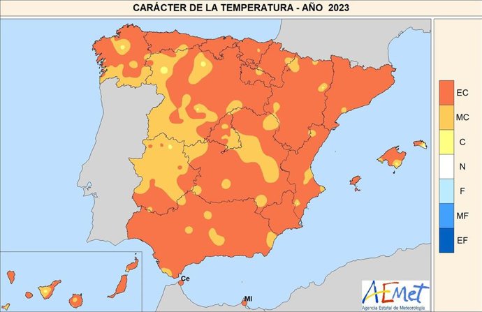 Temperaturas en España en 2023. EC = Extremadamente cálido. MC = Muy cálido. C = Cálido. N = Normal. F = Frío. MF = Muy frío. EF = Extremadamente frío.
