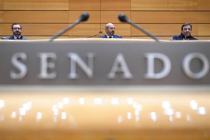 (I-D) El l vicepresidente primero de la Mesa del Senado, Javier Maroto; el presidente del Senado, Pedro Rollán y el vicepresidente segundo del Senado, Guillermo Fernández Vara, durante un pleno en el Senado, a 19 de diciembre de 2023, en Madrid (España)