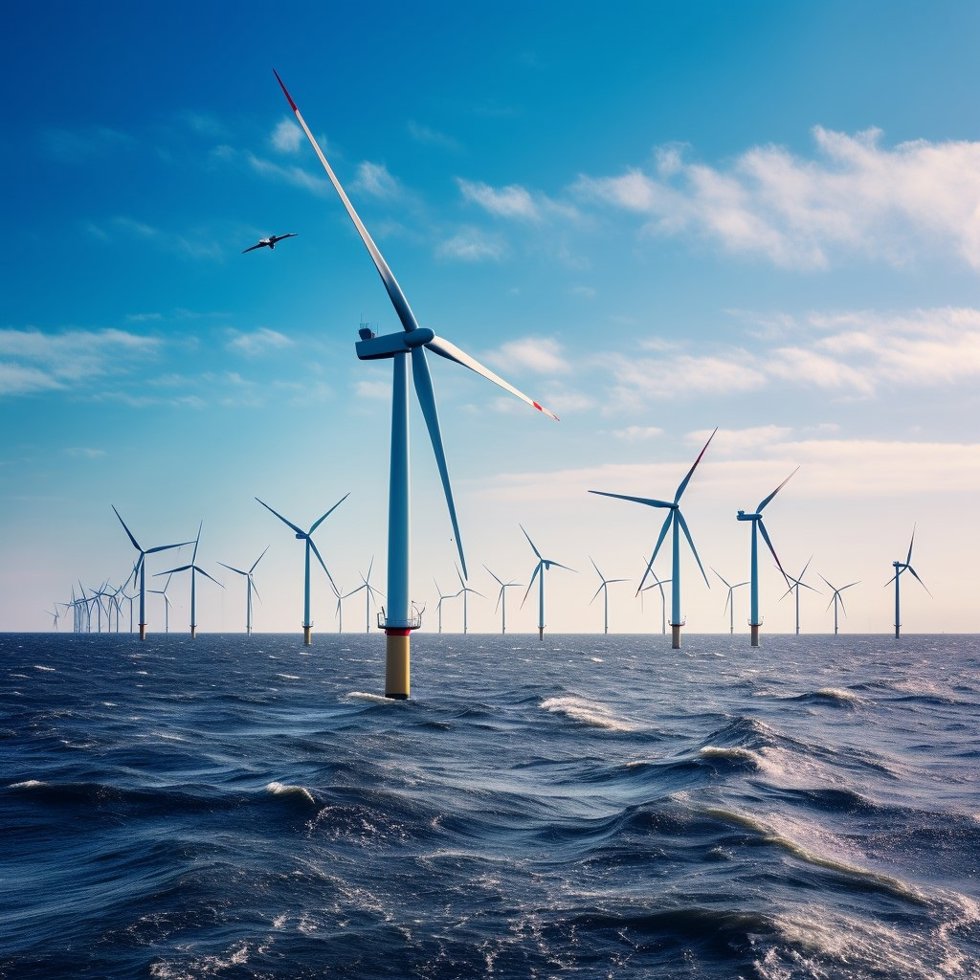 Archivo - Imagen generada con inteligencia artificial que representa un ave marina volando entre generadores de energía eólica marina.