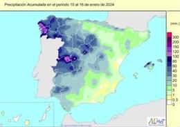 Precipitaciones acumuladas en España desde el inicio del año hidrológico, el pasado 1 de octubre de 2023, hasta el 16 de enero de 2024