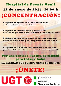 Cartel de la concentración convocada por UGT ante el Hospital de Puente Genil en protesta por el cierre de sus quirófanos.