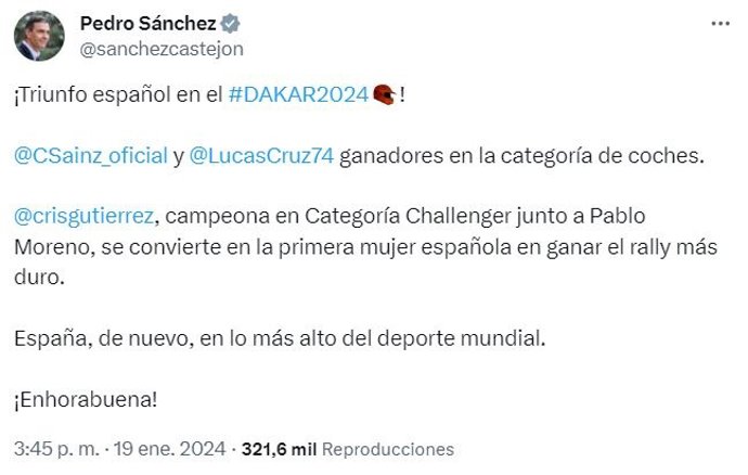 Mensaje en el que Pedro Sánchez felicita a Cristina Gutiérrez y Carlos Sáinz por sus victorias en el Rally Dakar.