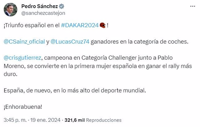 Mensaje en el que Pedro Sánchez felicita a Cristina Gutiérrez y Carlos Sáinz por sus victorias en el Rally Dakar.