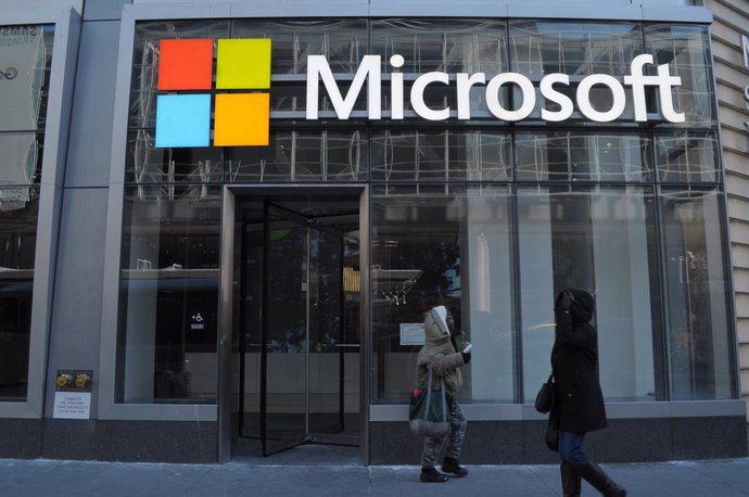 January 17, 2024, New York, United States: Pedestrians walk past the Microsoft office in midtown Manhattan, New York City.
