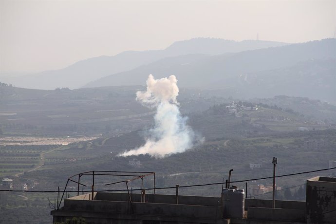KAFR KILA (LEBANON), Jan. 19, 2024  -- Smoke rises following an Israeli airstrike in Kafr Kila, Lebanon, on Jan. 18, 2024. Israeli forces and Hezbollah have traded fire across the borders since Oct. 8, 2023, after the beginning of the Israel-Hamas conflic