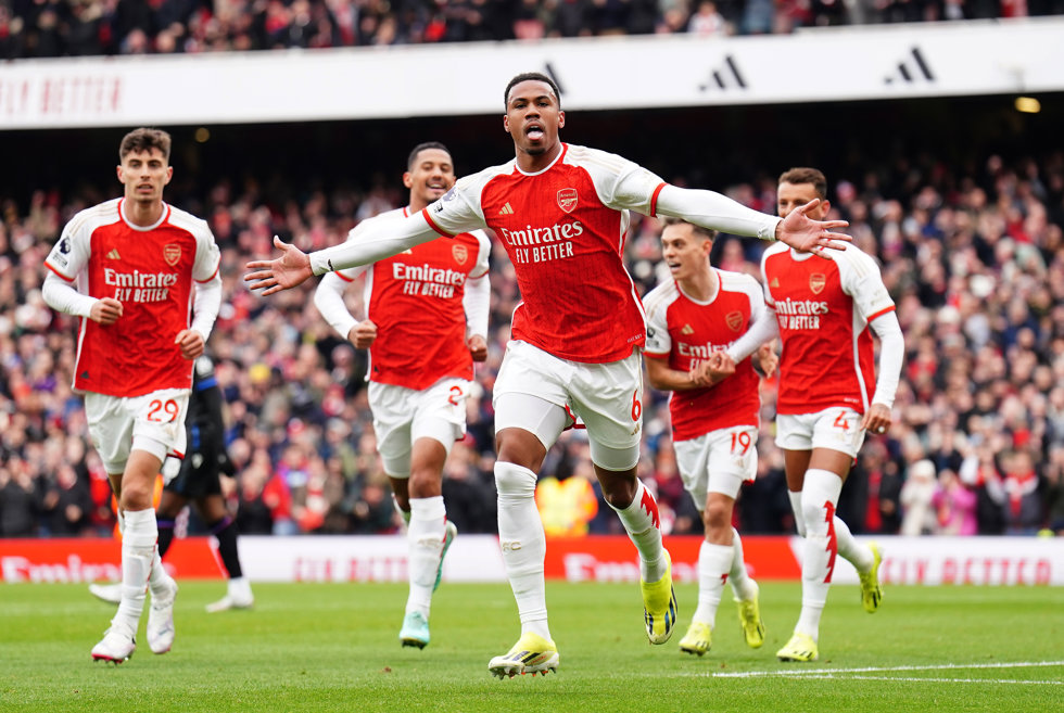 20 January 2024, United Kingdom, London: Arsenal's Gabriel celebrates scoring his side's first goal during the English Premier League soccer match Arsenal and Crystal Palace at the Emirates Stadium. Photo: Zac Goodwin/PA Wire/dpa