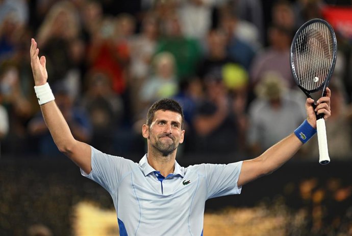 Novak Djokovic of Serbia reacts after winning his 4th round match against Adrian Mannarino of France on Day 8 of the 2024 Australian Open at Melbourne Park in Melbourne, Sunday, January 21, 2024. (AAP Image/Lukas Coch) NO ARCHIVING, EDITORIAL USE ONLY