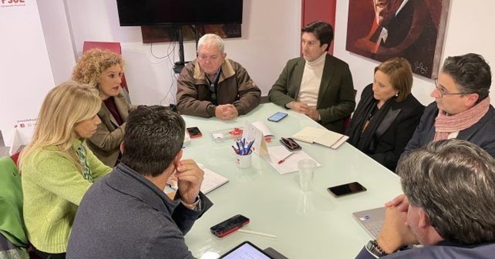 La secretaria general del PSOE de Huelva María Eugenia Limón, junto a los diputados María Luisa Faneca y Gabriel Cruz, el senador Amaro Huelva y el parlamentario andaluz Enrique Gaviño, se han reunido con los representantes de la Plataforma por el AVE.