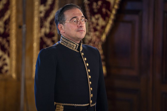 El ministro de Asuntos Exteriores, Unión Europea y Cooperación, José Manuel Albares, durante el acto del recibimiento de las cartas credenciales, en el Palacio Real, a 12 de enero de 2024, en Madrid (España). 
