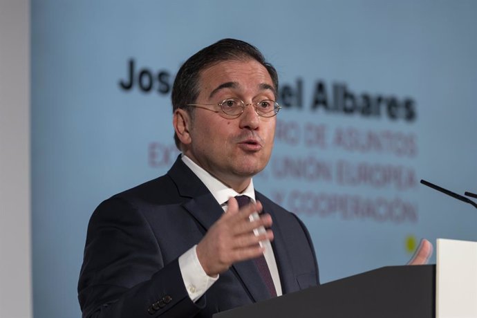 January 10, 2024, Madrid, Spain: The Minister of Foreign Affairs, European Union and Cooperation, Jose Manuel Albares, speaks during the inauguration of the VIII Conference of Ambassadors, at the headquarters of the Ministry of Foreign Affairs, European U
