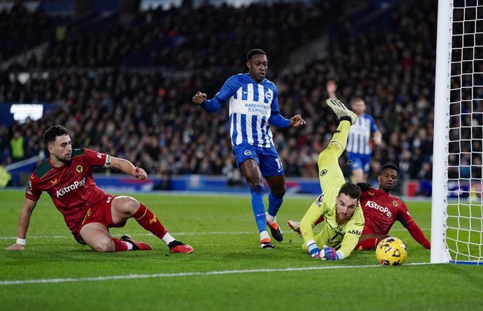 22 January 2024, United Kingdom, Brighton: Wolverhampton Wanderers goalkeeper Jose Sa scrambles as the ball hits the post during the English Premier League soccer match between Brighton and Hove Albion and Wolverhampton Wanderers at the American Express