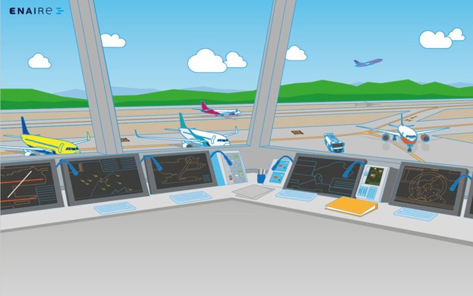 Fotocall' del stand de Enaire con una simulación del fanal de una torre de control.