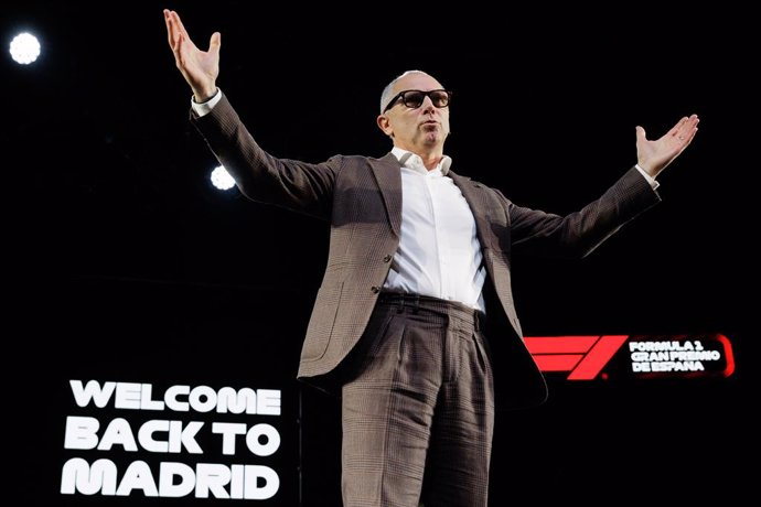 Stefano Domenicali, President and CEO of Formula one, attends during the presentation of the Formula One Madrid Grand Prix that will be held in Madrid starting in 2026 at IFEMA on January 23, 2024, in Madrid, Spain.