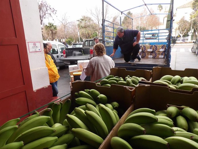 Un cargamento de plátanos en el Banco de Alimentos.