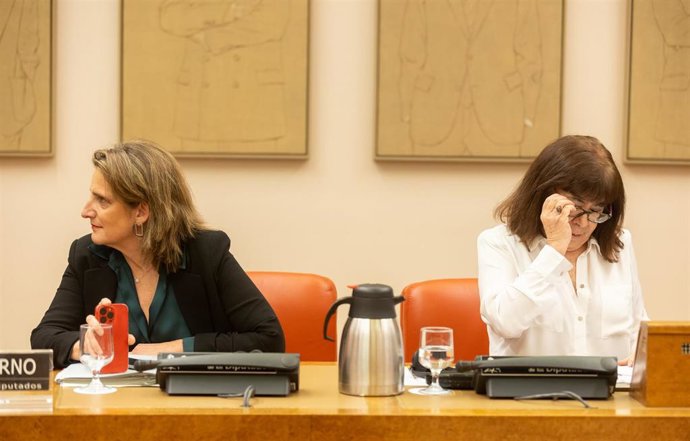 La vicepresidenta tercera del Gobierno y ministra de Transición Ecológica y Reto Demográfico, Teresa Ribera (i), y la presidenta elegida de la comisión de Transición ecológica, Cristina Narbona (d), en el Congreso de los Diputados.