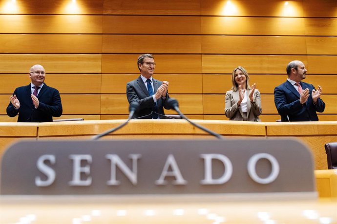 (I-D) El portavoz del PP en el Congreso, Miguel Tellado; el presidente del Partido Popular, Alberto Núñez Feijóo; la portavoz del PP en el Senado, Alicia García, y el presidente del Senado, Pedro Rollán, aplauden tras la reunión de los grupos parlamenta