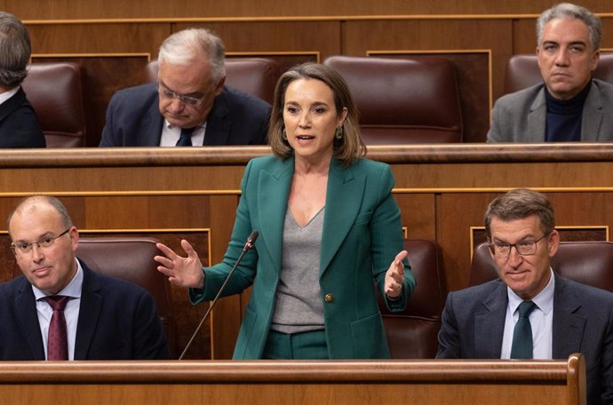 Archivo - La secretaria general del PP, Cuca Gamarra, que interviene y el presidente del PP, Alberto Núñez Feijóo (d), durante una sesión de control al Gobierno, en el Congreso de los Diputados, a 13 de diciembre de 2023, en Madrid (España). El Congreso