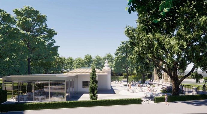 El nuevo centro de restauración y eventos 'El 29', que recupera parte del pabellón de información de la Exposición Iberoamericana, un lugar con casi 100 años de historia, junto a la Plaza de España, en el Parque de María Luisa.