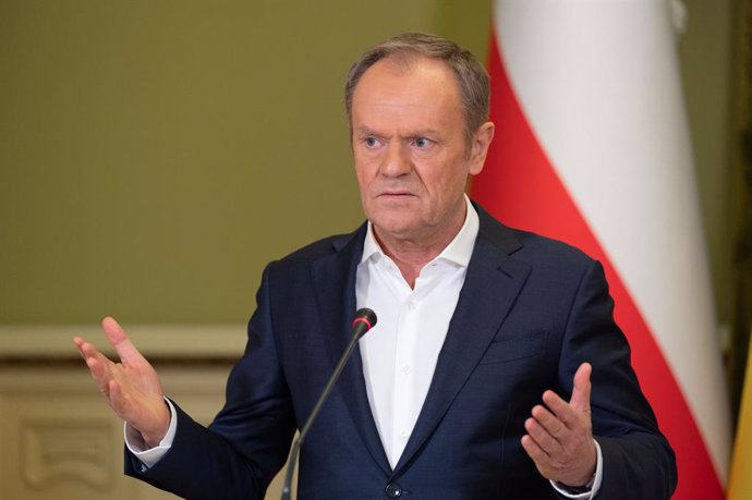 HANDOUT - 22 January 2024, Ukraine, Kiev: Polish Prime Minister Donald Tusk holds a joint press conference with Ukrainian President Volodymyr Zelensky (not pictured) at the Mariinskyi Palace. Photo: -/Ukraine Presidency/dpa - ATTENTION: editorial use only