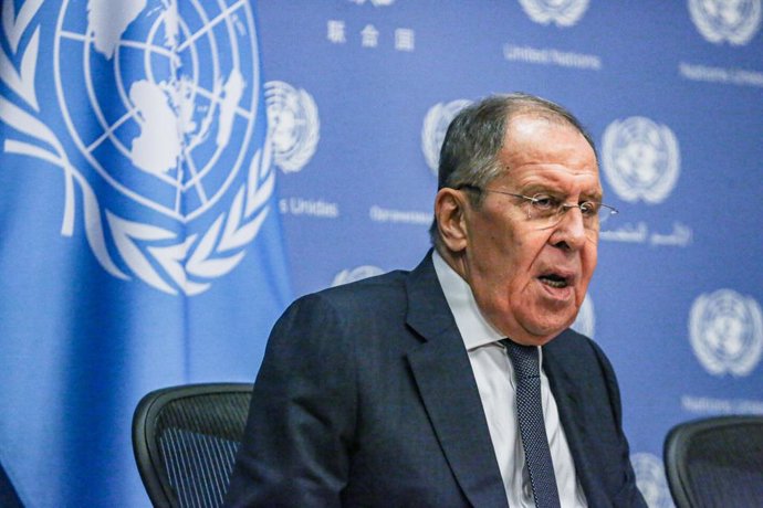 September 23, 2023, New York, New York, USA: After his speech in the General Assembly, SERGEY V. LAVROV, Minister for Foreign Affairs of the Russian Federation, held a news conference in the United Nations Press Briefing room in which he stated by support